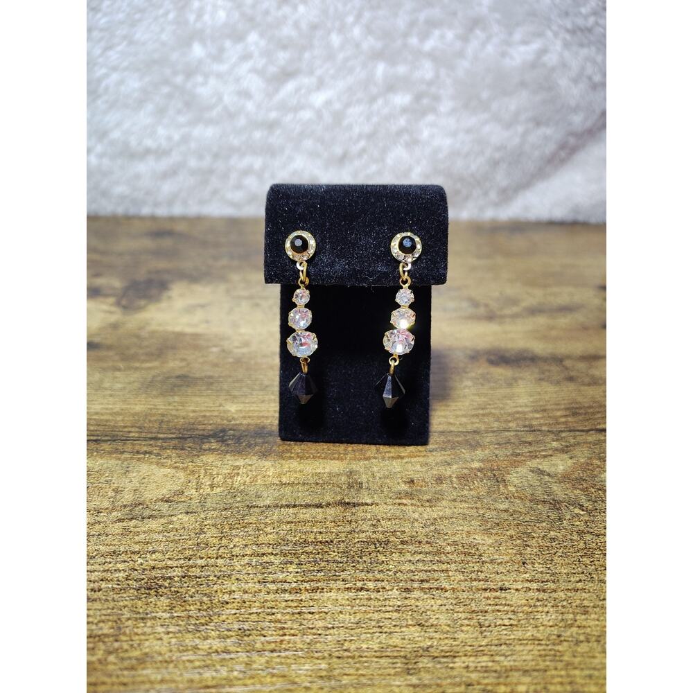 Gold Tone Crystal Dangle Drop Earrings – Clear & Black Accent, Geometric Fashion